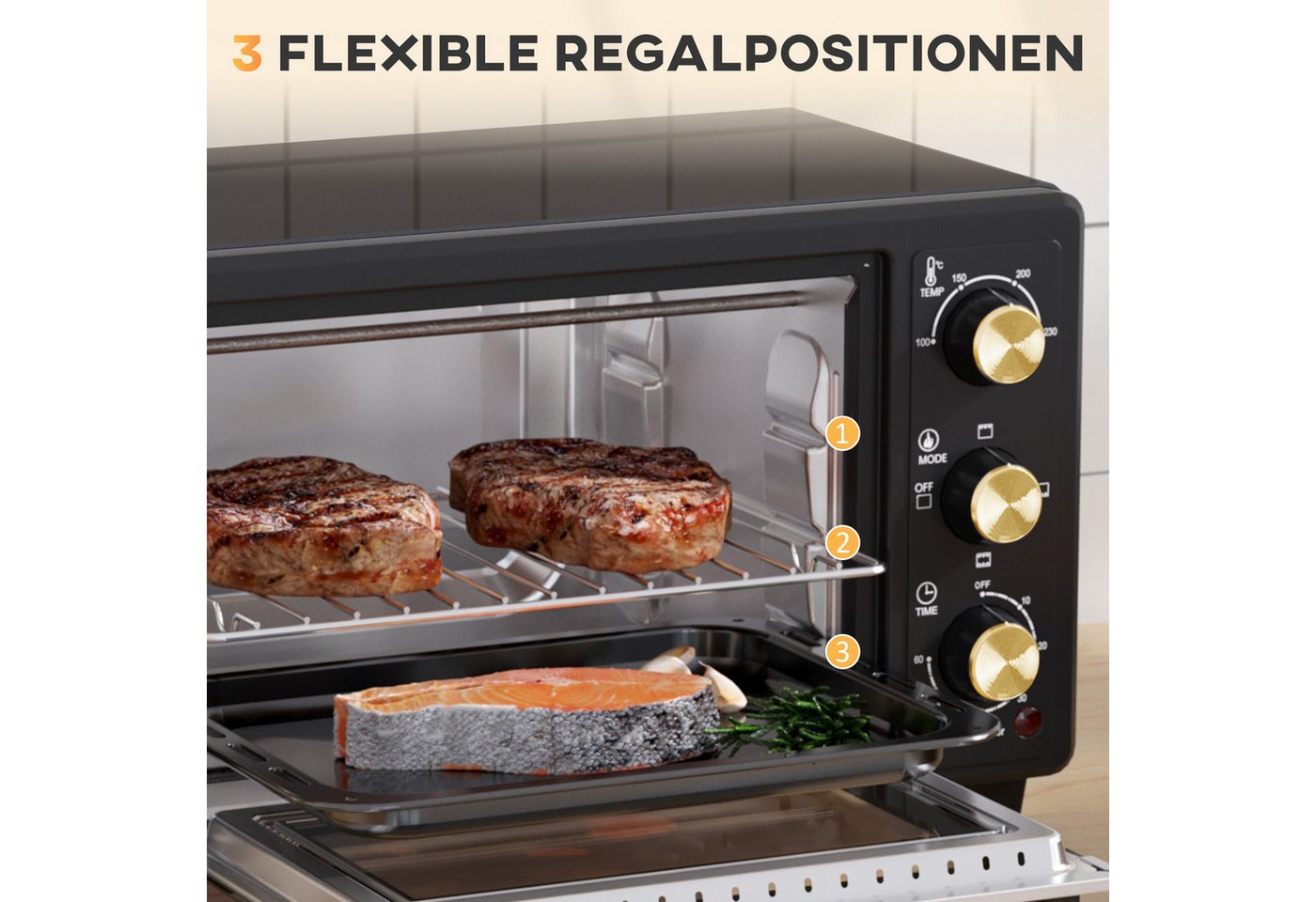 HOMCOM Minibackofen Metall Gehärtetes Glas Schwarz 44L x 32B x 28,1H cm