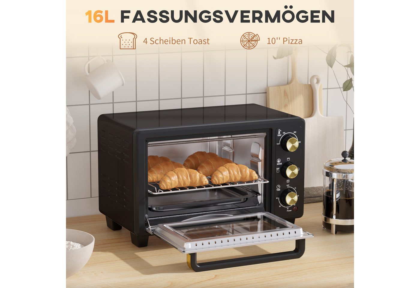 HOMCOM Minibackofen Metall Gehärtetes Glas Schwarz 44L x 32B x 28,1H cm Bild 4