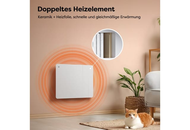 CIARRA Elektrischer Keramik Heizkörper 1000 W mit PID-Thermostat WLAN-Steuerung für 10-15 m² CBHTD10A-W