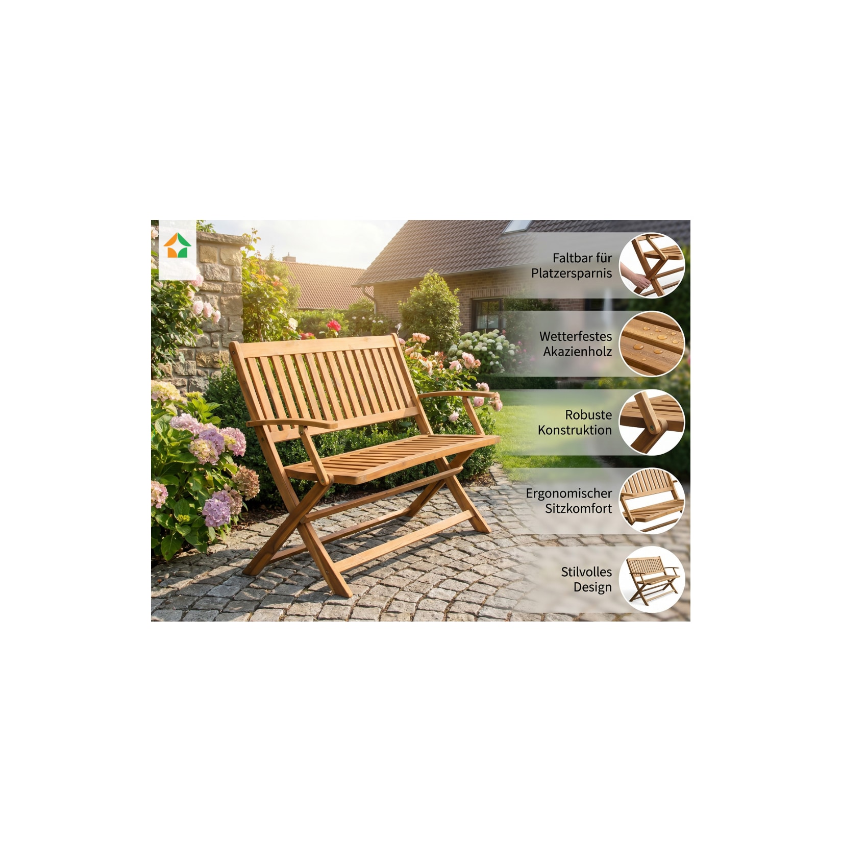 2-Sitzer faltbare Gartenbank aus Akazienholz, ca. 118 x 60 x 90 cm - Braun