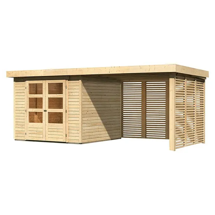 Gartenhaus Holz ASKOLA 35 238 x 242 m 19 mm Flachdachhaus Naturbelassen inkl. 280 m Anbaudach + Feuerholzoption