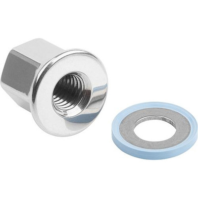 HUTMUTTER M. DICHT + UNTERLAGSCHEIBE, D=M08, SW=13, EDELSTAHL 1.4404 POLIERT, HYGIENIC USIT®, KOMP:FLUOROPRENE XP45