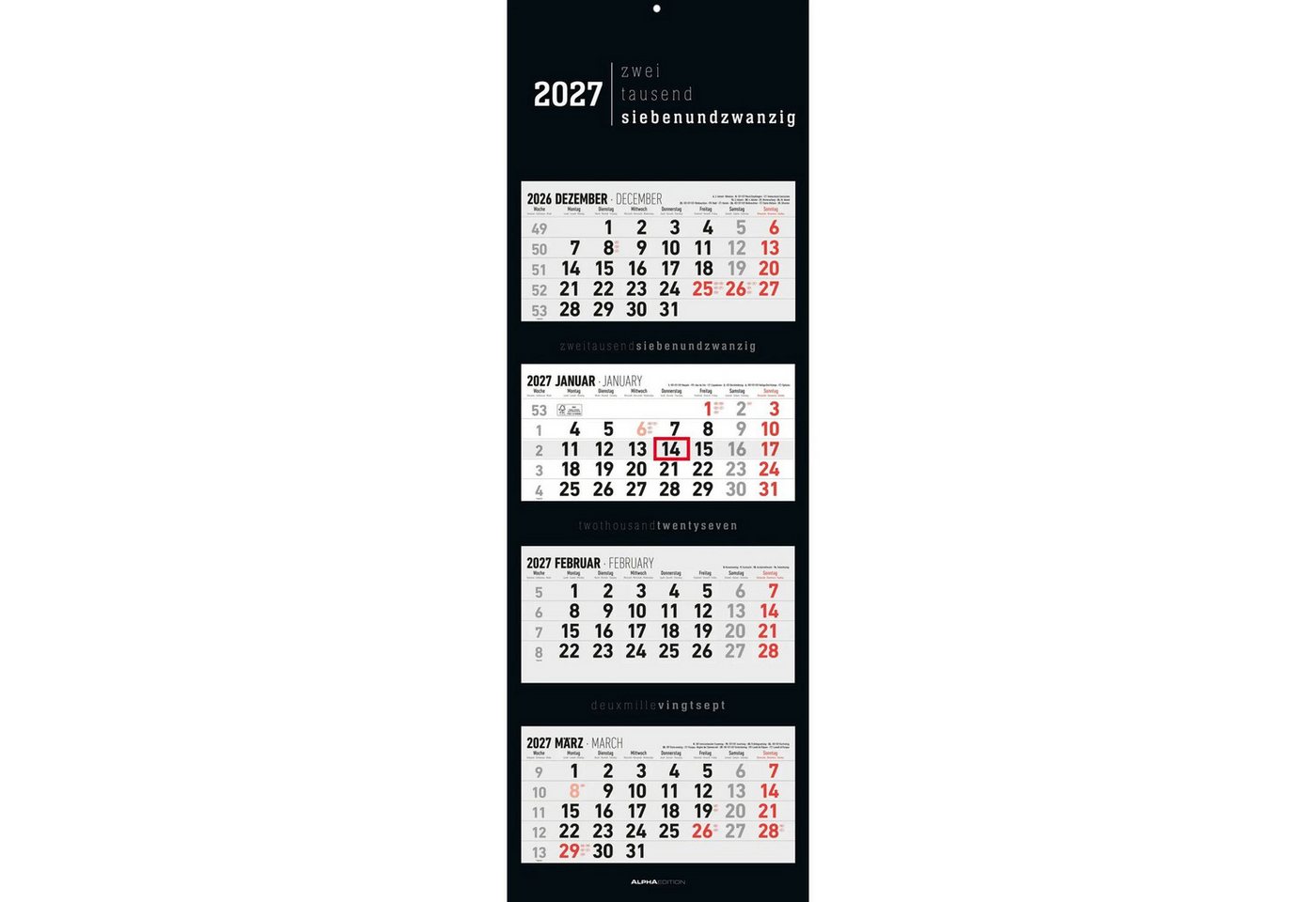 NEUMANN Wandkalender 4-Monatskalender Black 2027