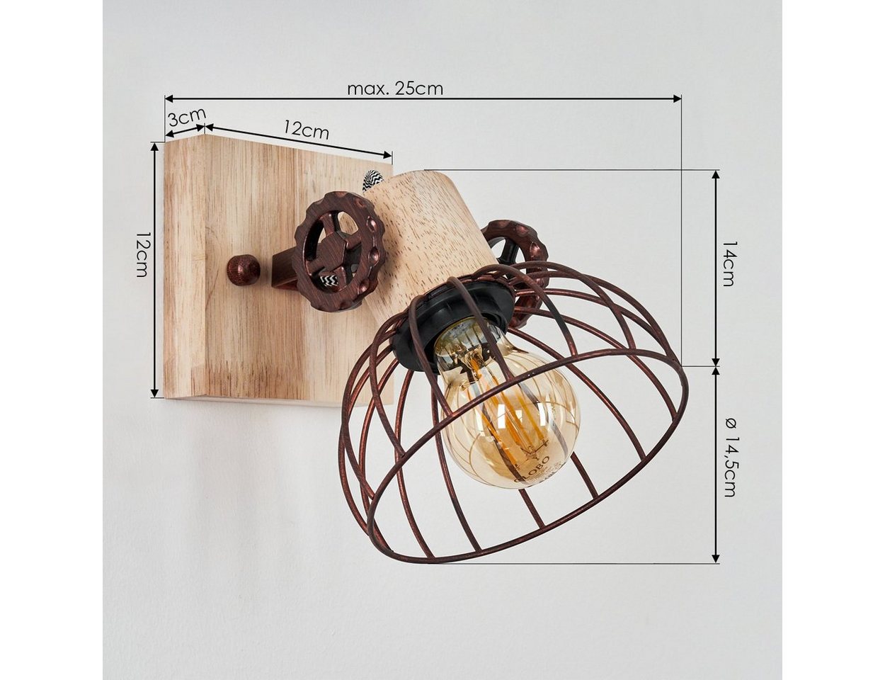 hofstein Wandleuchte »Cotes« Wandlampe aus Holz/Metall in Natur/Rost m. Lichteffekt, ohne Leuchtmittel, Gitter-Optik, Leuchte, Holzbalken, Textilkabel, verstellbar, E27