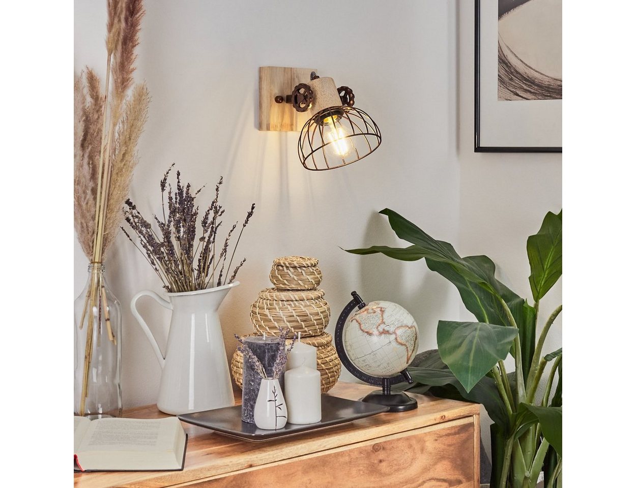 hofstein Wandleuchte »Cotes« Wandlampe aus Holz/Metall in Natur/Rost m. Lichteffekt, ohne Leuchtmittel, Gitter-Optik, Leuchte, Holzbalken, Textilkabel, verstellbar, E27 Bild 5
