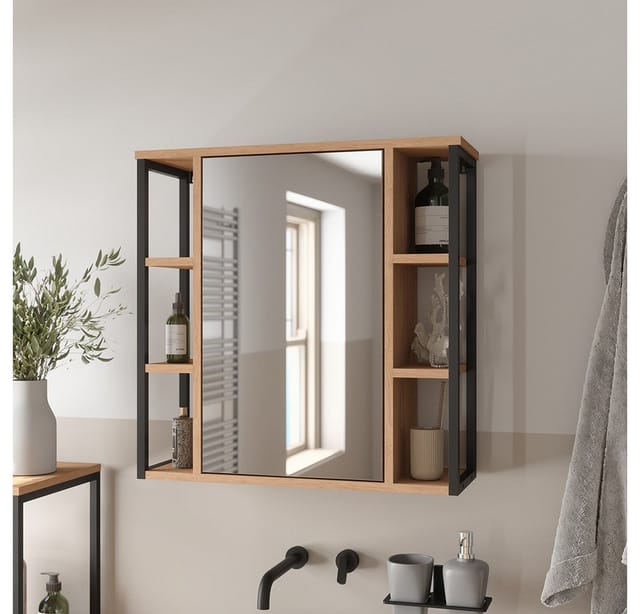 Vicco Badezimmerspiegelschrank Linara, Eiche/Schwarz, 60 x 60 cm
