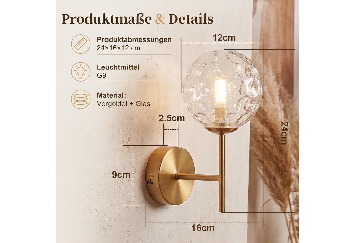 ZMH Wandleuchte T-förmige Wandlamp in Gold-Optik, klares Glas, Augenschutz, ohne Leuchtmittel, Goldene Kugelglas, G9-Fassung, sanftes dekoratives Licht. Bild 4