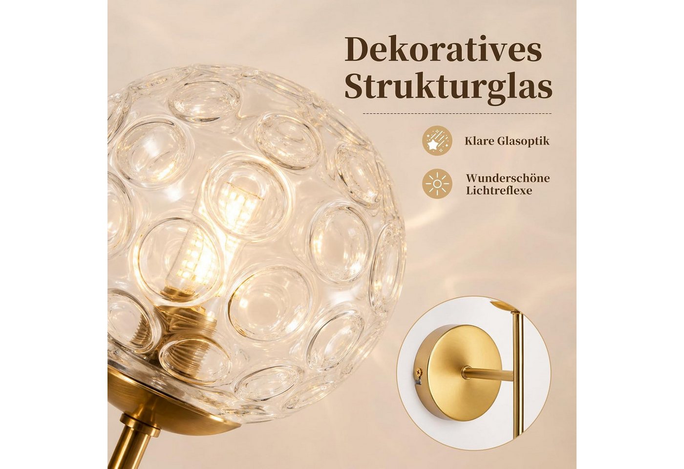 ZMH Wandleuchte T-förmige Wandlamp in Gold-Optik, klares Glas, Augenschutz, ohne Leuchtmittel, Goldene Kugelglas, G9-Fassung, sanftes dekoratives Licht. Bild 5