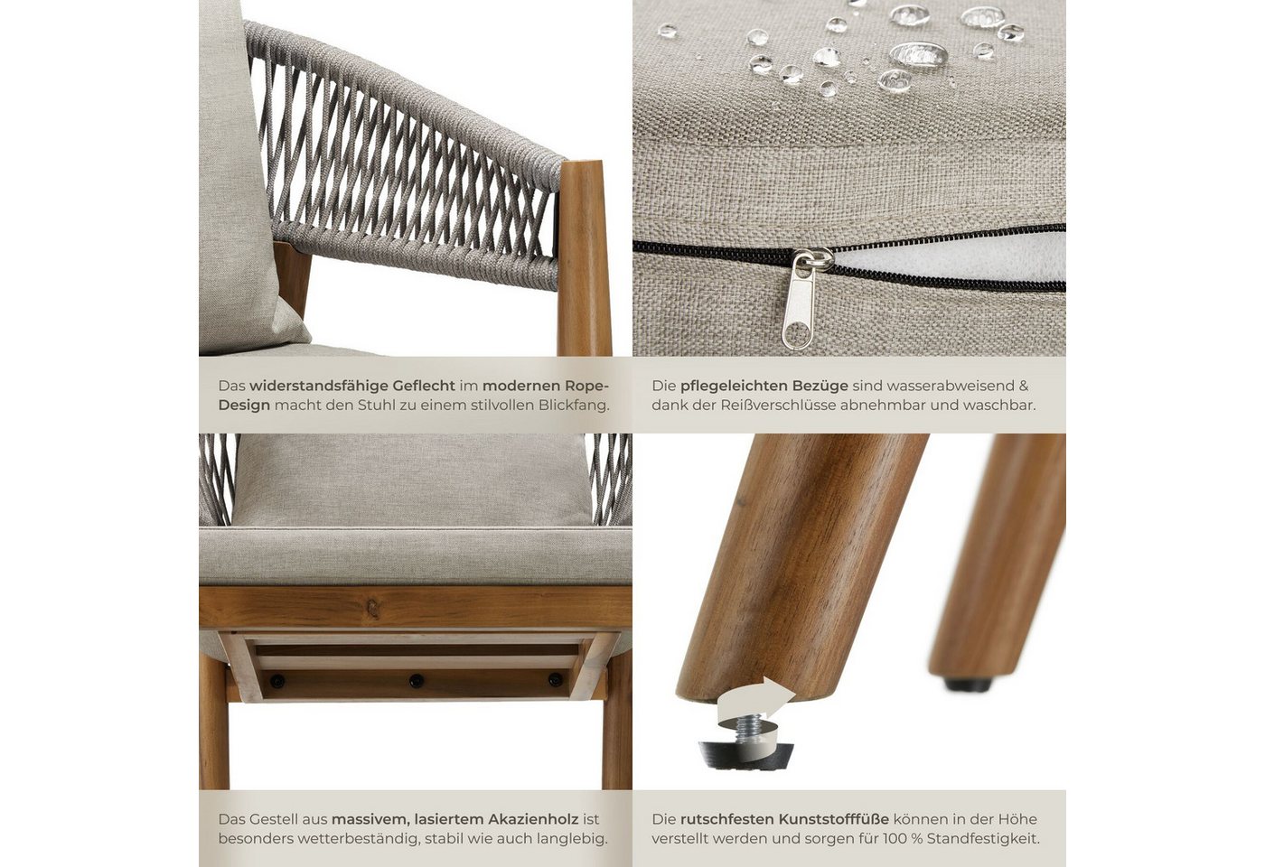 tectake Gartenstuhl Outdoorstuhl Akazienholz wetterfest Rope-Design wasserabweisend (Gartensessel Manacor, 6 St), Inkl. Sitzpolster und Rückenkissen, Armlehne abnehmbar