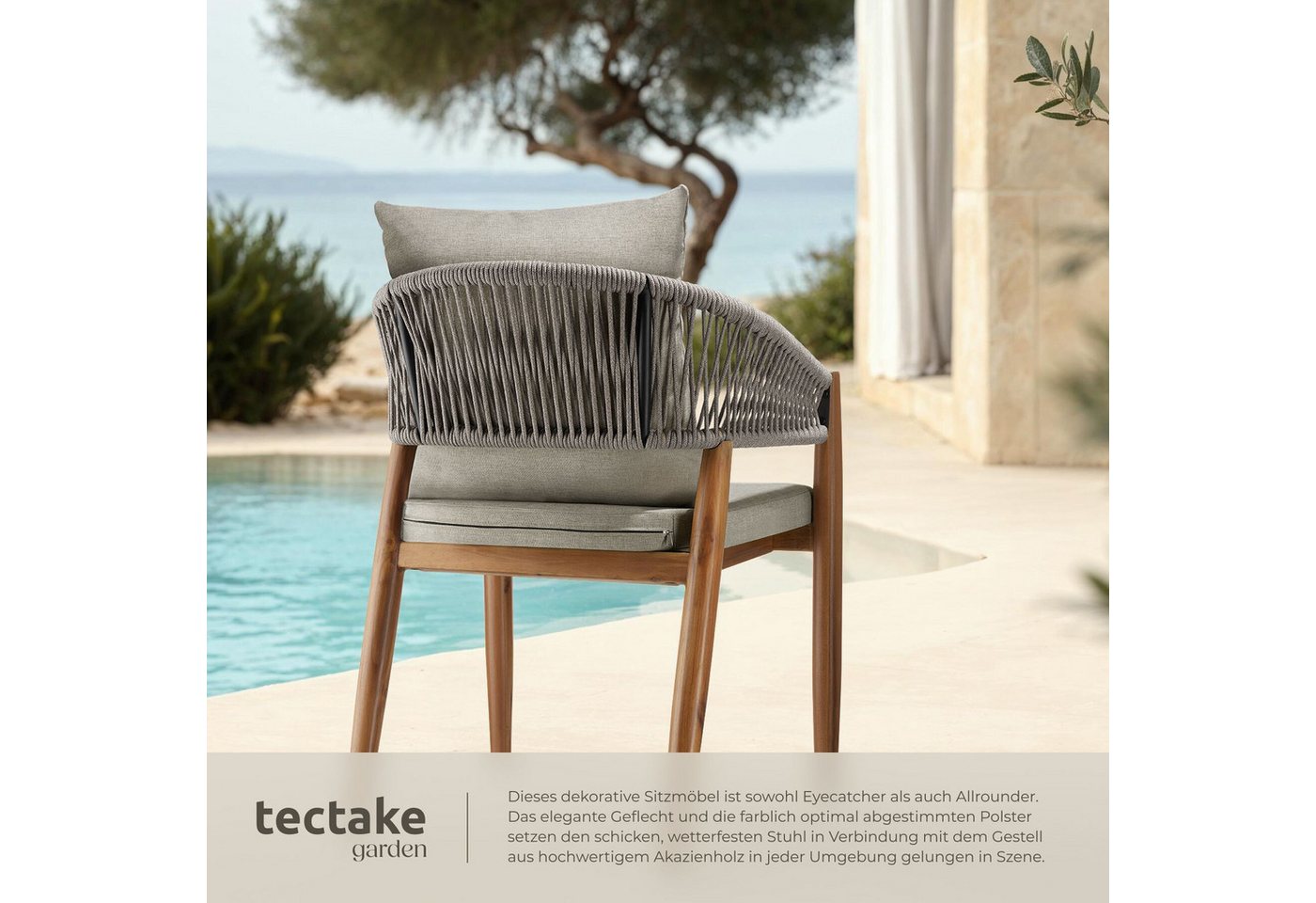 tectake Gartenstuhl Outdoorstuhl Akazienholz wetterfest Rope-Design wasserabweisend (Gartensessel Manacor, 6 St), Inkl. Sitzpolster und Rückenkissen, Armlehne abnehmbar Bild 5