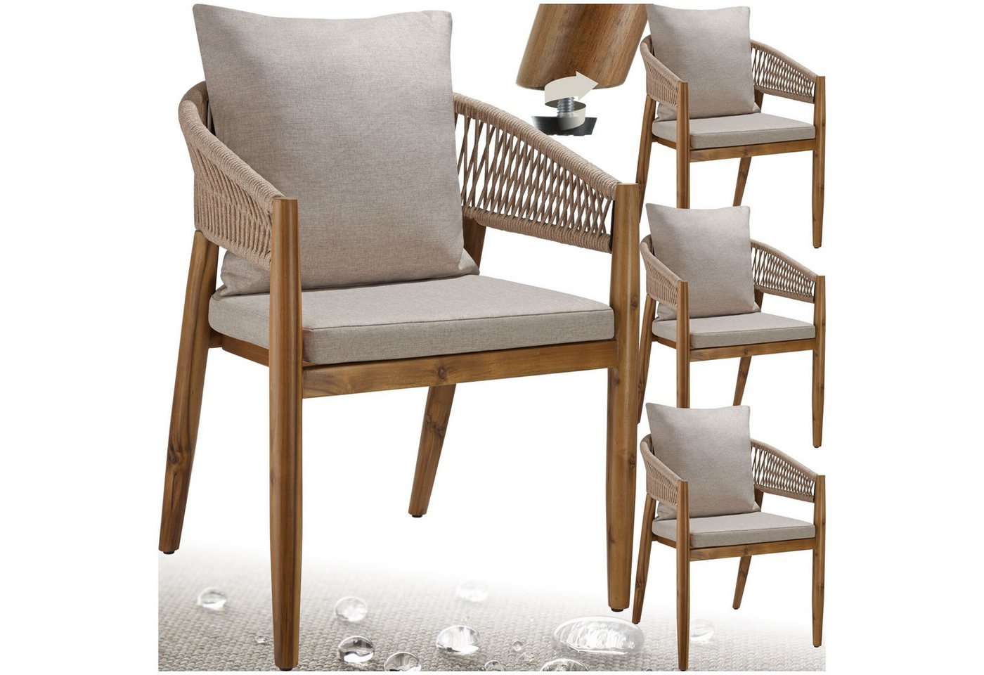 tectake Gartenstuhl Outdoor-Sessel Akazienholz, wetterfest, Rope-Design, verstellbare (Outdoostuhl Manacor, 4 St), Wasserabweisende Bezüge, abnehmbar, Inkl. Sitzpolster und Rückenkissen