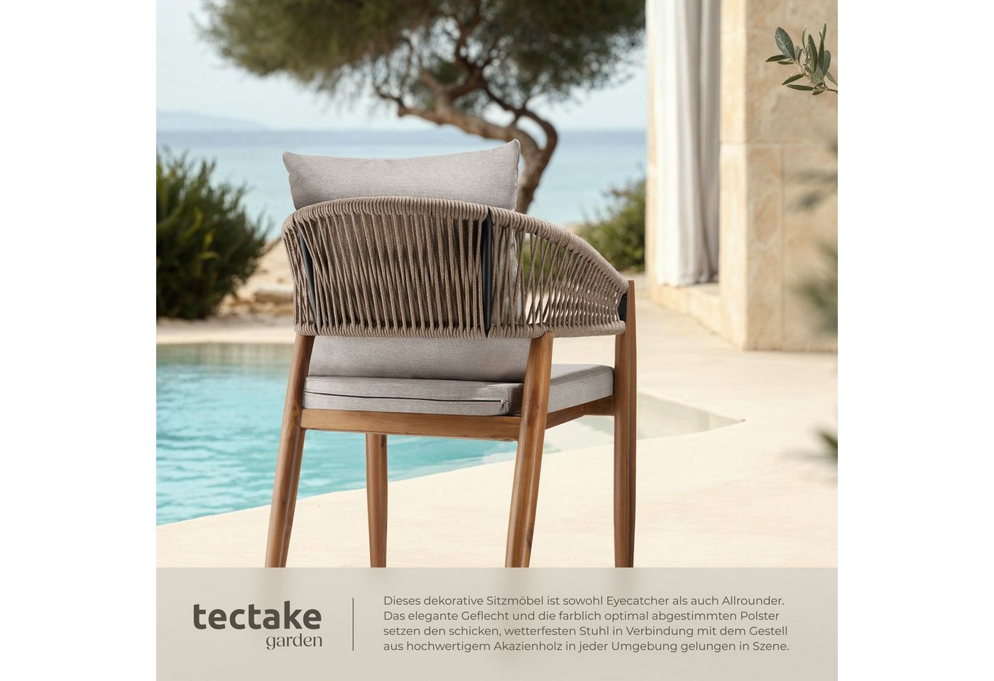 tectake Gartenstuhl Outdoor-Sessel Akazienholz, wetterfest, Rope-Design, verstellbare (Outdoostuhl Manacor, 4 St), Wasserabweisende Bezüge, abnehmbar, Inkl. Sitzpolster und Rückenkissen Bild 2