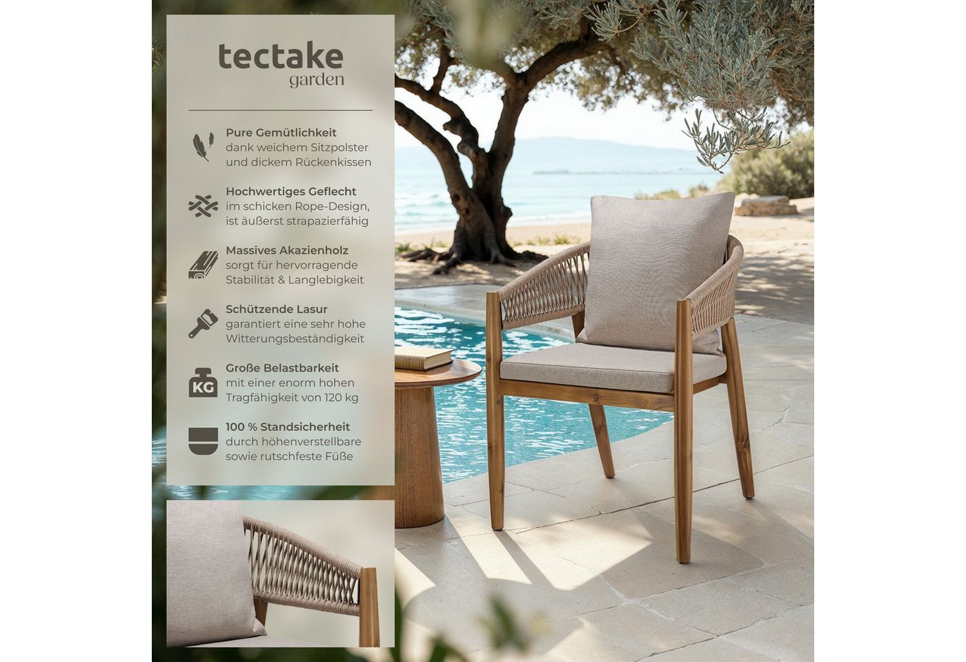 tectake Gartenstuhl Outdoor-Sessel Akazienholz, wetterfest, Rope-Design, verstellbare (Outdoostuhl Manacor, 4 St), Wasserabweisende Bezüge, abnehmbar, Inkl. Sitzpolster und Rückenkissen Bild 3