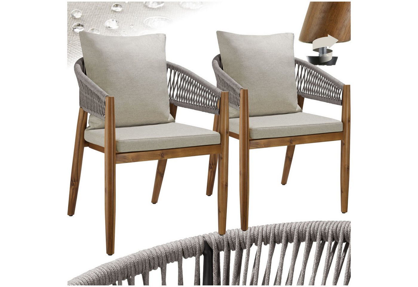 tectake Gartenstuhl Outdoor-Sessel aus Akazienholz, wetterfest, Rope-Design (Outdoor Stuhl Manacor, 2 St), höhenverstellbare Kunststofffüße, Belastbarkeit bis 120 kg Bild 4