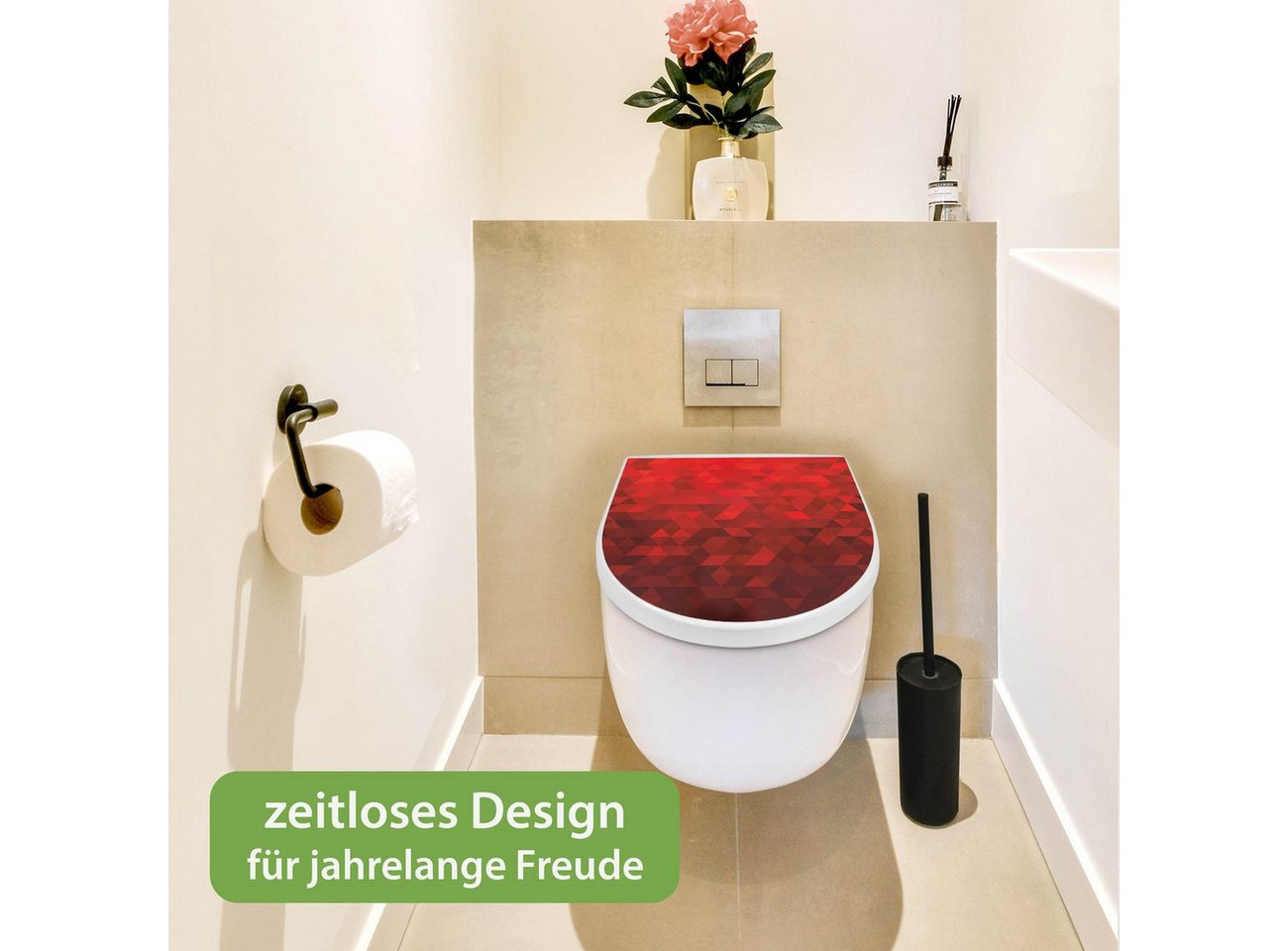 banjado WC-Sitz Premium D-Form mit Absenkautomatik Motiv Dreiecke Rot (umweltfreundliches Material, Softclose Absenkautomatik), 45 x 36,4 x 4