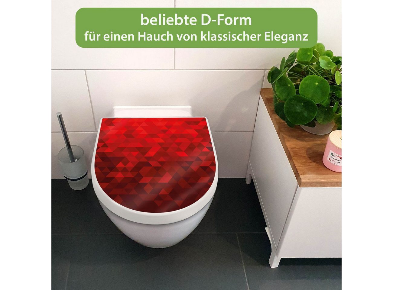 banjado WC-Sitz Premium D-Form mit Absenkautomatik Motiv Dreiecke Rot (umweltfreundliches Material, Softclose Absenkautomatik), 45 x 36,4 x 4 Bild 2