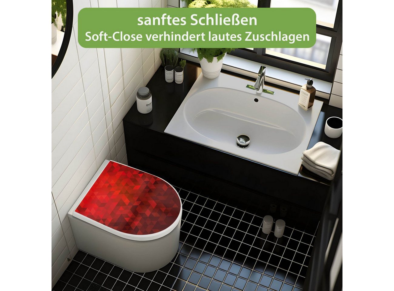 banjado WC-Sitz Premium D-Form mit Absenkautomatik Motiv Dreiecke Rot (umweltfreundliches Material, Softclose Absenkautomatik), 45 x 36,4 x 4 Bild 5
