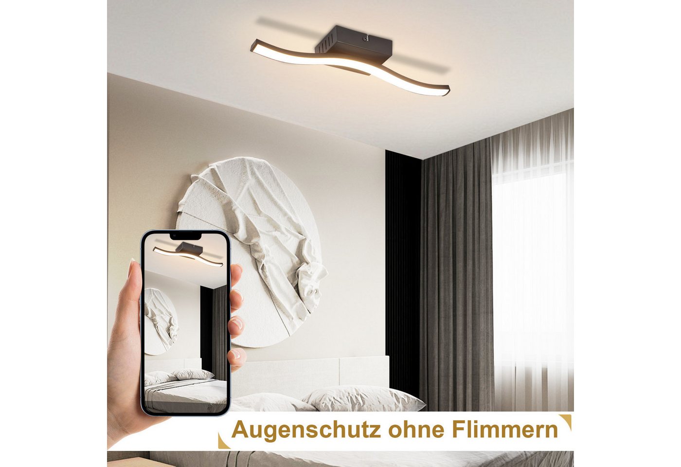ZMH LED Deckenleuchte Schwarz Wellen Design Modern Deckenlampe 3000K Flur Küche, Augenschutz, Einfache Installtion, LED fest integriert, Warmweiß Bild 4