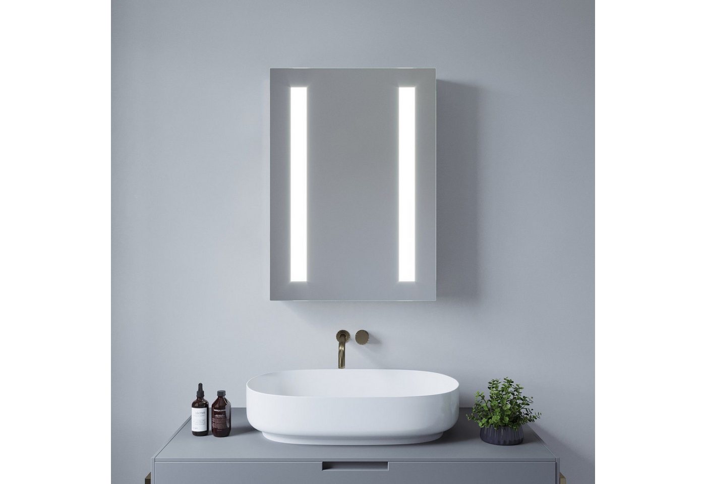 AQUABATOS Badezimmerspiegelschrank mit Led Spiegelschrank Bad mit Steckdose und Beleuchtung breit 60 80cm (Doppelseitige Glasspiegel,Kaltweiß, Infrarot Sensor (IR) Beschlagfrei, 2 Türen,Soft-Close-Funktion Bild 5