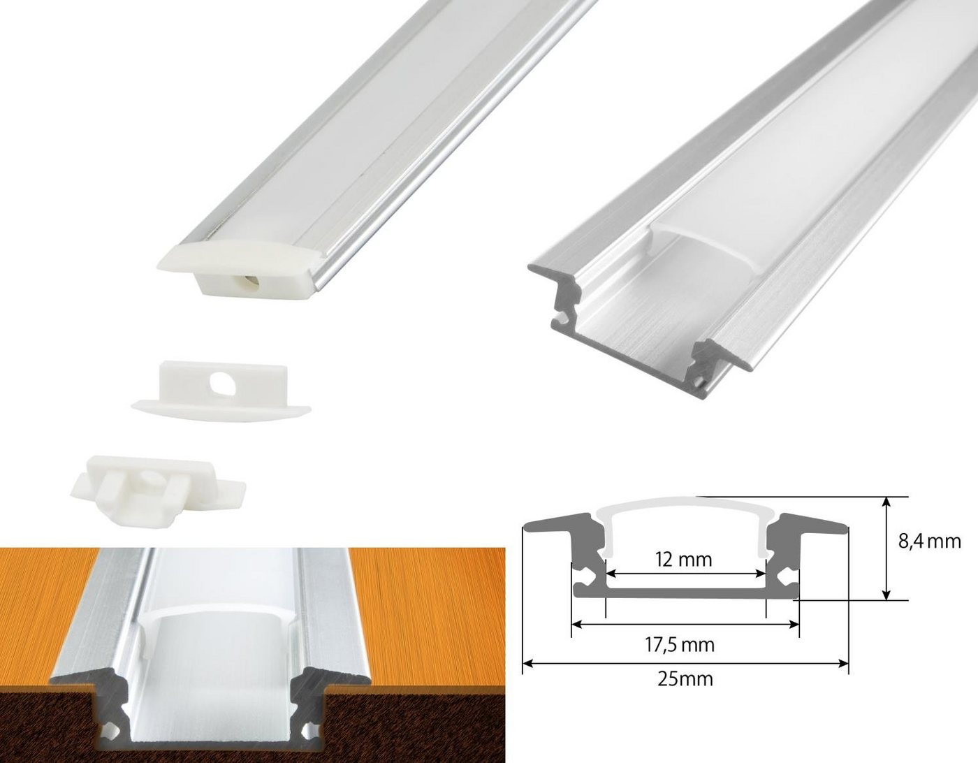 ENERGMiX LED-Stripe-Profil 2 Meter Aluprofile Alu Schiene Profil LED Kanal Schiene für LED Strip, Profil Kanal LED Leiste 200cm inkl. Clips und Endkappen Bild 2