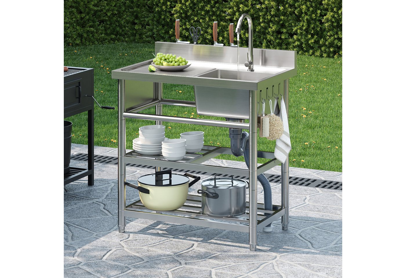 STILVORA Waschtisch-Set Freistehende Edelstahlspüle Waschbecken mit Wasserhahn und Haken, (Edelstahl, 80×50×107cm, Wasserhahn, 2 Ablagen, Spülbecken, Becken 32×30×20cm, X-Ablauf, U-Rohr, Dämmmatte, Haken), für Gartenküche, Camping, Werkstatt, Grillpartys, Gastronomie