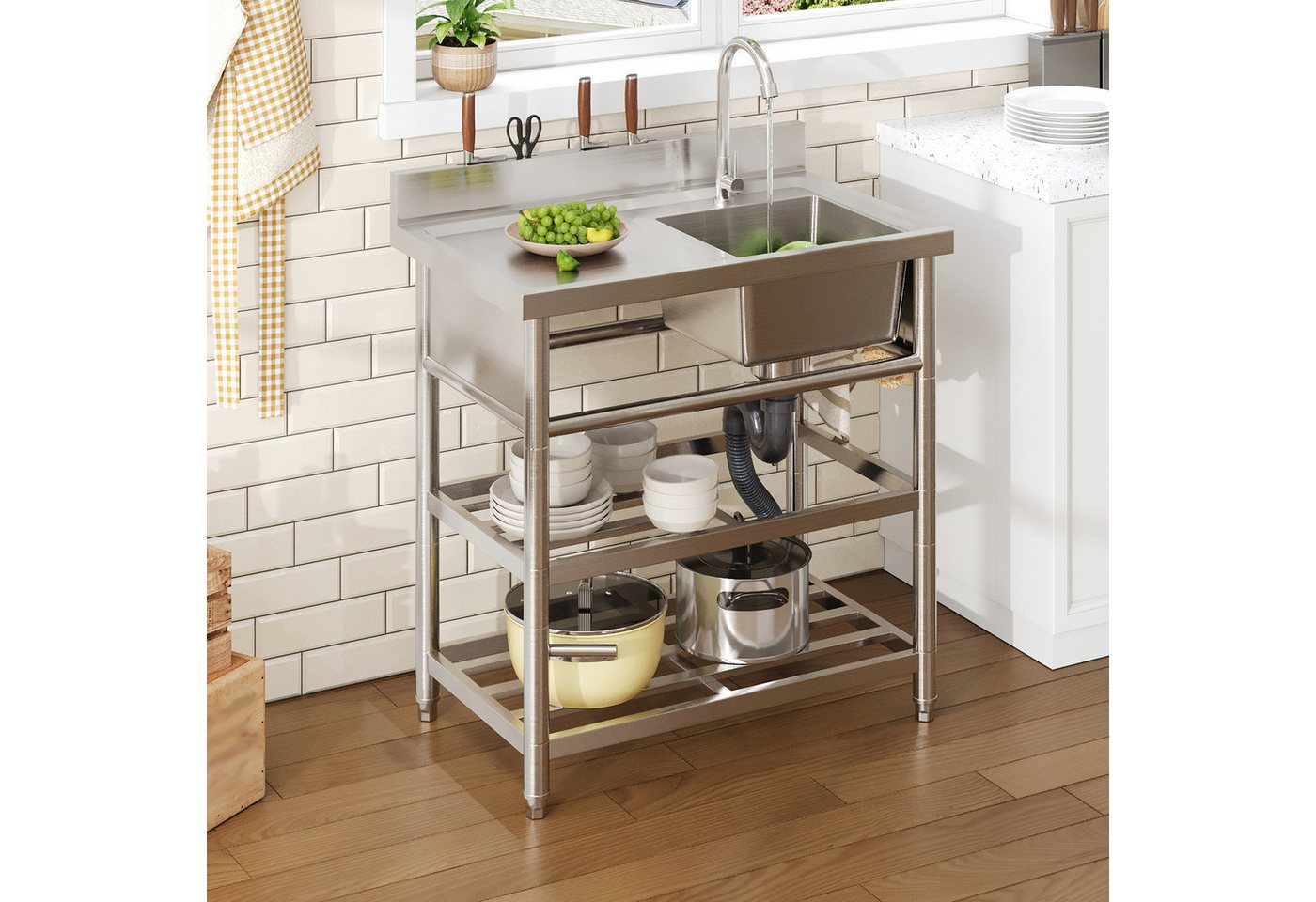 STILVORA Waschtisch-Set Freistehende Edelstahlspüle Waschbecken mit Wasserhahn und Haken, (Edelstahl, 80×50×107cm, Wasserhahn, 2 Ablagen, Spülbecken, Becken 32×30×20cm, X-Ablauf, U-Rohr, Dämmmatte, Haken), für Gartenküche, Camping, Werkstatt, Grillpartys, Gastronomie Bild 2