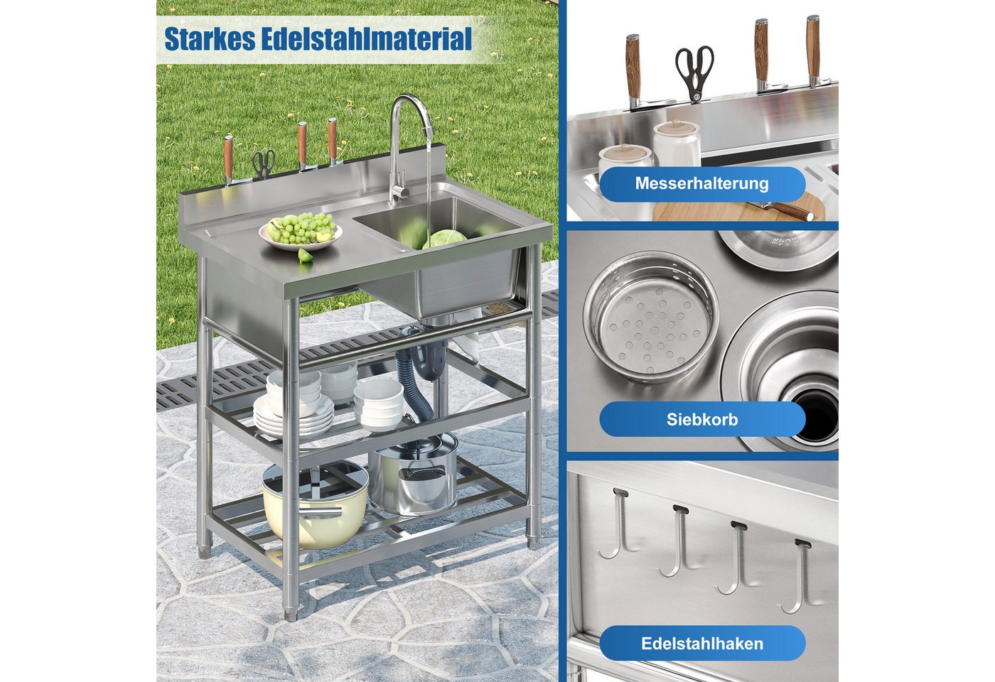 STILVORA Waschtisch-Set Freistehende Edelstahlspüle Waschbecken mit Wasserhahn und Haken, (Edelstahl, 80×50×107cm, Wasserhahn, 2 Ablagen, Spülbecken, Becken 32×30×20cm, X-Ablauf, U-Rohr, Dämmmatte, Haken), für Gartenküche, Camping, Werkstatt, Grillpartys, Gastronomie Bild 3