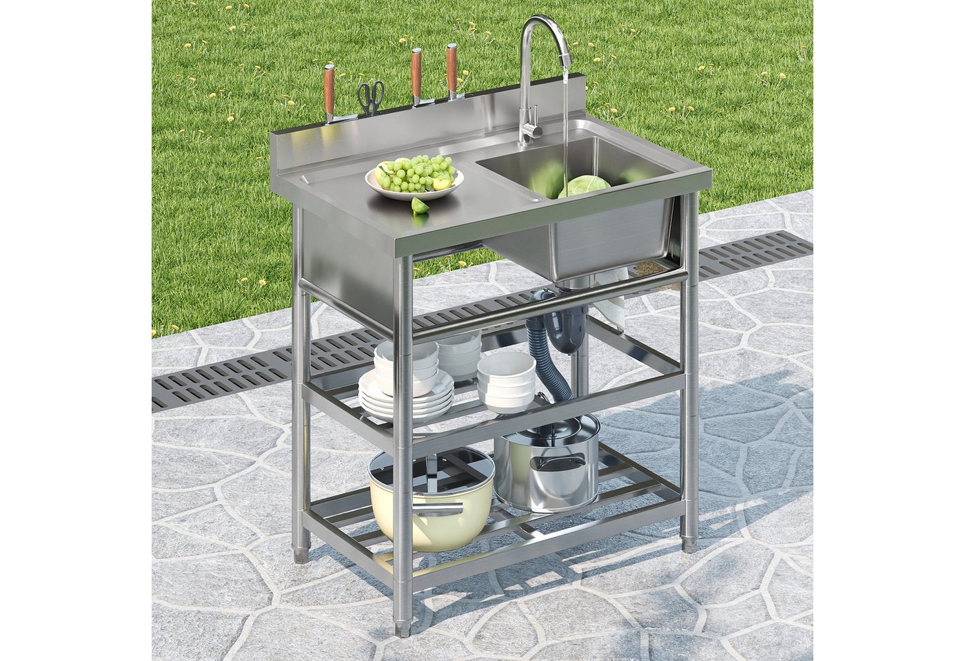 STILVORA Waschtisch-Set Freistehende Edelstahlspüle Waschbecken mit Wasserhahn und Haken, (Edelstahl, 80×50×107cm, Wasserhahn, 2 Ablagen, Spülbecken, Becken 32×30×20cm, X-Ablauf, U-Rohr, Dämmmatte, Haken), für Gartenküche, Camping, Werkstatt, Grillpartys, Gastronomie Bild 4