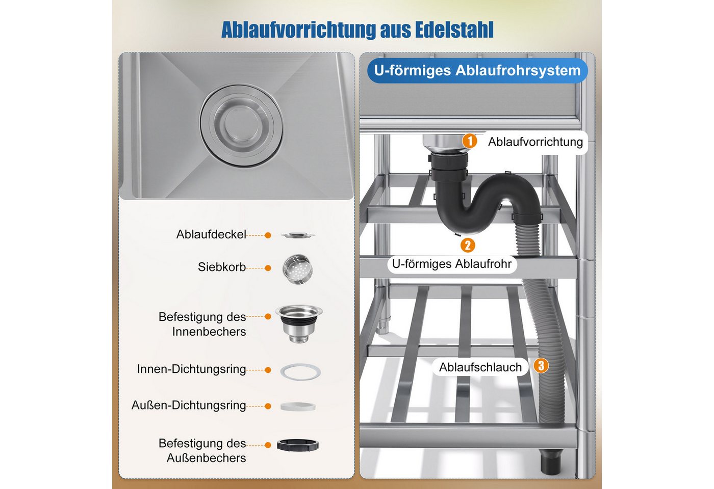 STILVORA Waschtisch-Set Freistehende Edelstahlspüle Waschbecken mit Wasserhahn und Haken, (Edelstahl, 80×50×107cm, Wasserhahn, 2 Ablagen, Spülbecken, Becken 32×30×20cm, X-Ablauf, U-Rohr, Dämmmatte, Haken), für Gartenküche, Camping, Werkstatt, Grillpartys, Gastronomie Bild 5