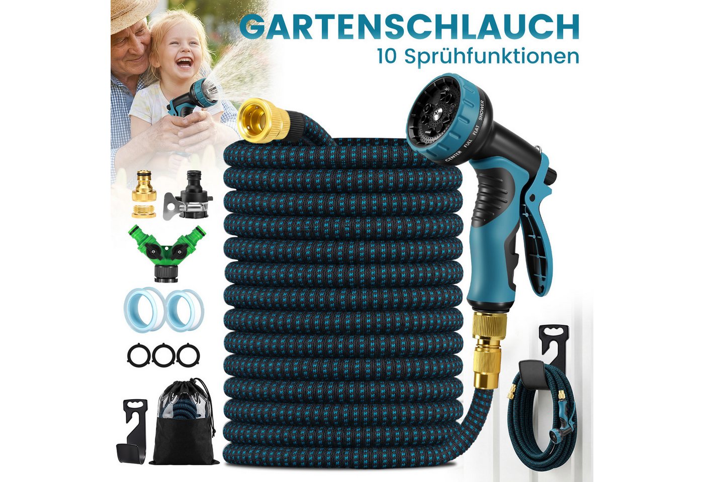 Bundviel Gartenschlauch Mit 10 Funktionen Flexibler dehnbarer Wasserschlauch 15-30m, kein verknoten Flexischlauch, Schlauch Flexibel Bewässerung, 1/2 Zoll,3/4 Zoll