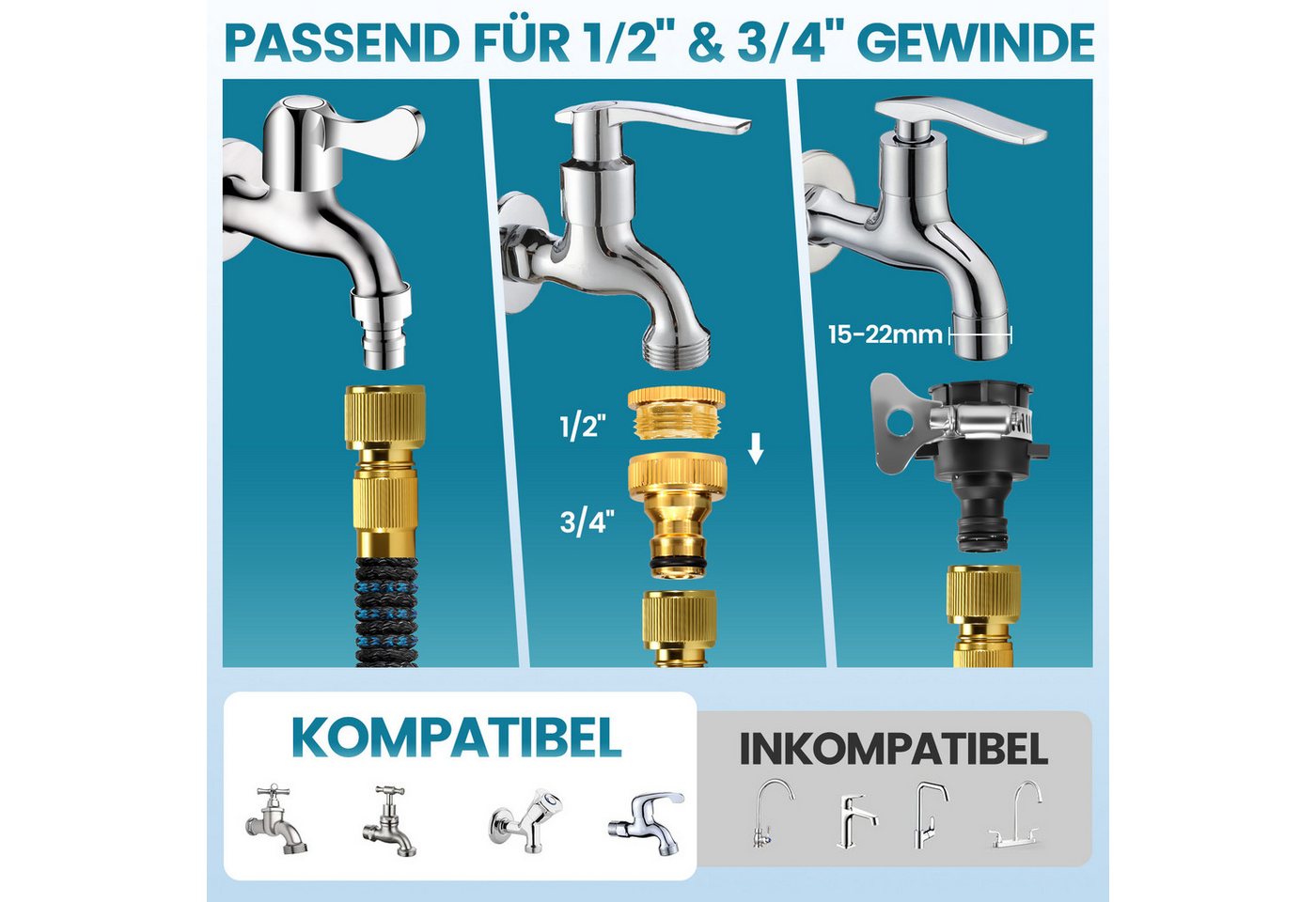 Bundviel Gartenschlauch Mit 10 Funktionen Flexibler dehnbarer Wasserschlauch 15-30m, kein verknoten Flexischlauch, Schlauch Flexibel Bewässerung, 1/2 Zoll,3/4 Zoll Bild 5