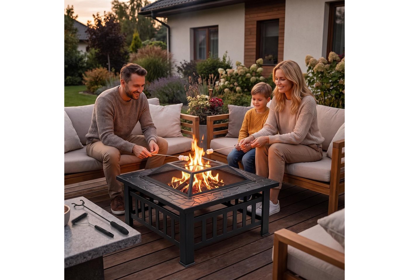 TLGREEN Feuerschale mit Grillrost und herausnehmbare Ascheschale, (raucharme Outdoor Feuerstelle aus hitzebeständigem Stahl, tragbarer Feuerkorb für Garten Terrasse Balkon Camping), standfeste Gartenfeuerstelle mit Funkenabweiser Bild 2