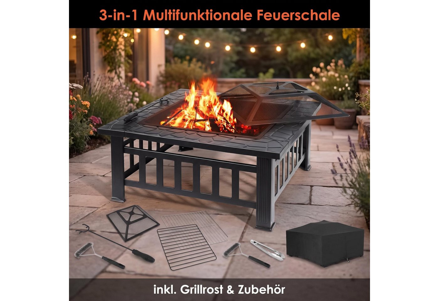 TLGREEN Feuerschale mit Grillrost und herausnehmbare Ascheschale, (raucharme Outdoor Feuerstelle aus hitzebeständigem Stahl, tragbarer Feuerkorb für Garten Terrasse Balkon Camping), standfeste Gartenfeuerstelle mit Funkenabweiser Bild 3
