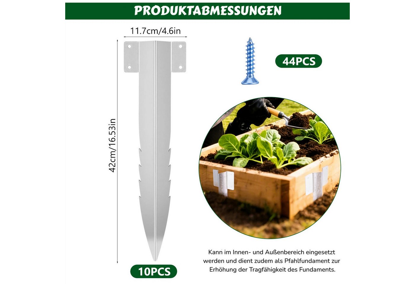 BlingBin Bodenanker 10 Stück Gezackte Schwellen-Halterungen mit Schrauben, Hochbeetpfähle, zum Einschlagen, (10er Set, 10-St., Produktmaße: 44 × 12 cm), Gartenschwellenhalterungen Befestigungen für Landschaft, Auffahrt, Weg