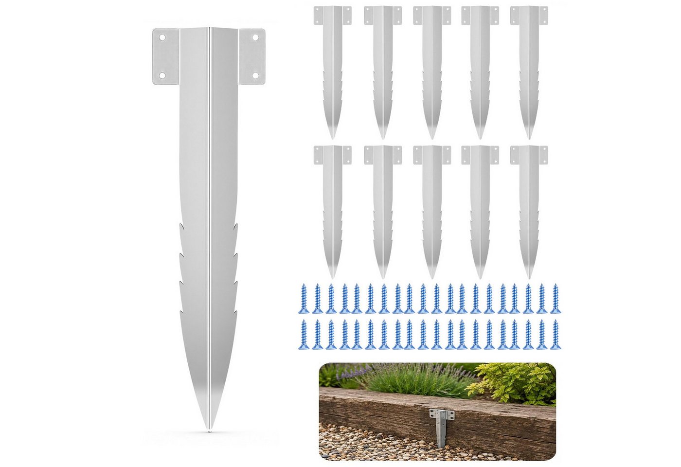 BlingBin Bodenanker 10 Stück Gezackte Schwellen-Halterungen mit Schrauben, Hochbeetpfähle, zum Einschlagen, (10er Set, 10-St., Produktmaße: 44 × 12 cm), Gartenschwellenhalterungen Befestigungen für Landschaft, Auffahrt, Weg Bild 3