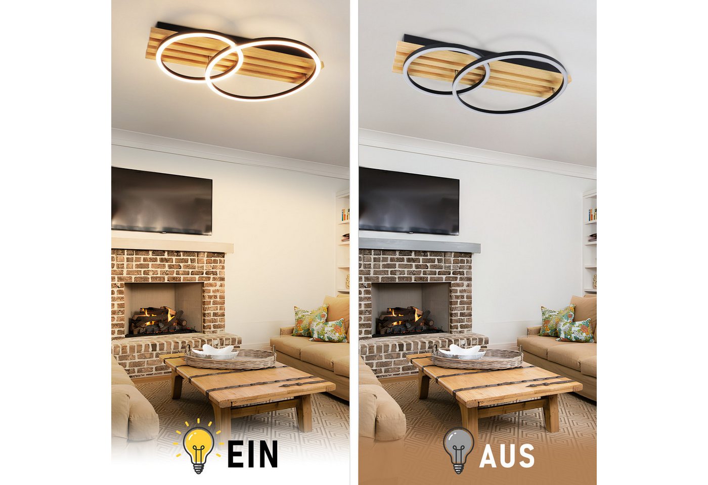 Nettlife LED Deckenleuchte Dimmbar Holz 2/3/4 Ringe Modern Deckenlampe Wohnzimmer, LED fest integriert, 36W 55*35*8.8CM für Schlafzimmer Büro Küche