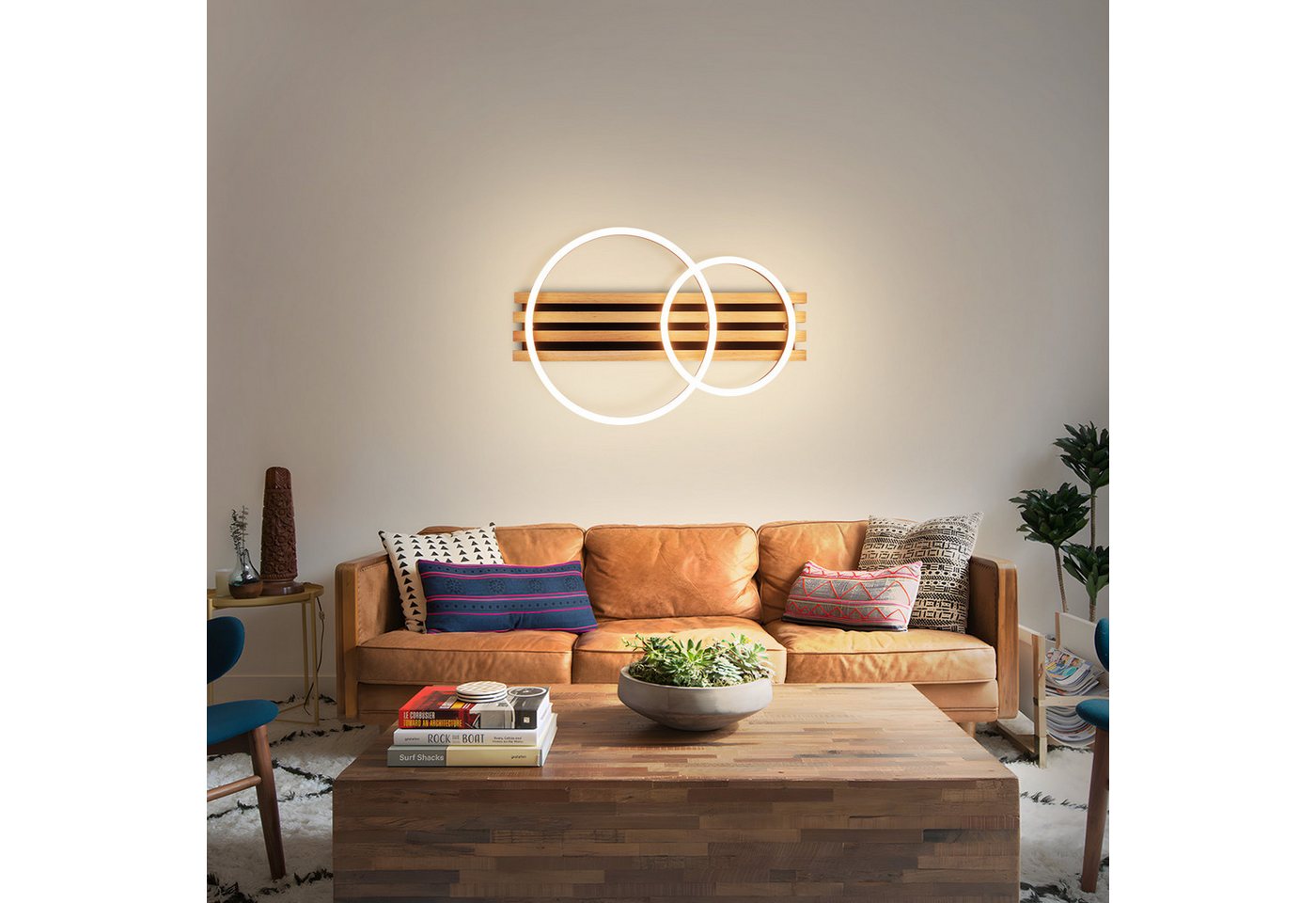 Nettlife LED Deckenleuchte Dimmbar Holz 2/3/4 Ringe Modern Deckenlampe Wohnzimmer, LED fest integriert, 36W 55*35*8.8CM für Schlafzimmer Büro Küche Bild 2