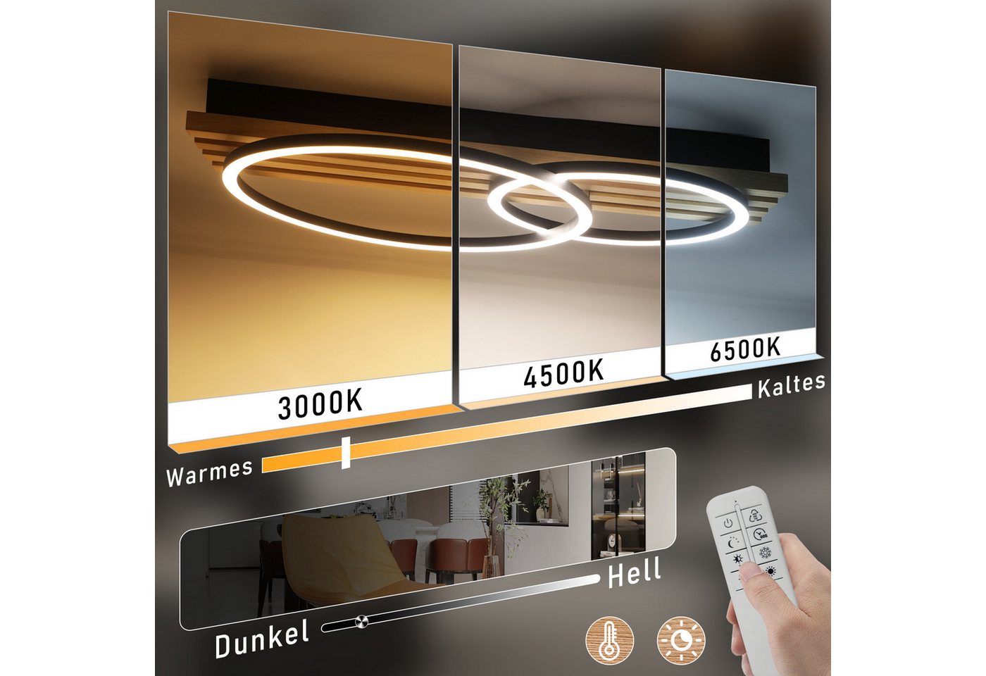 Nettlife LED Deckenleuchte Dimmbar Holz 2/3/4 Ringe Modern Deckenlampe Wohnzimmer, LED fest integriert, 36W 55*35*8.8CM für Schlafzimmer Büro Küche Bild 4