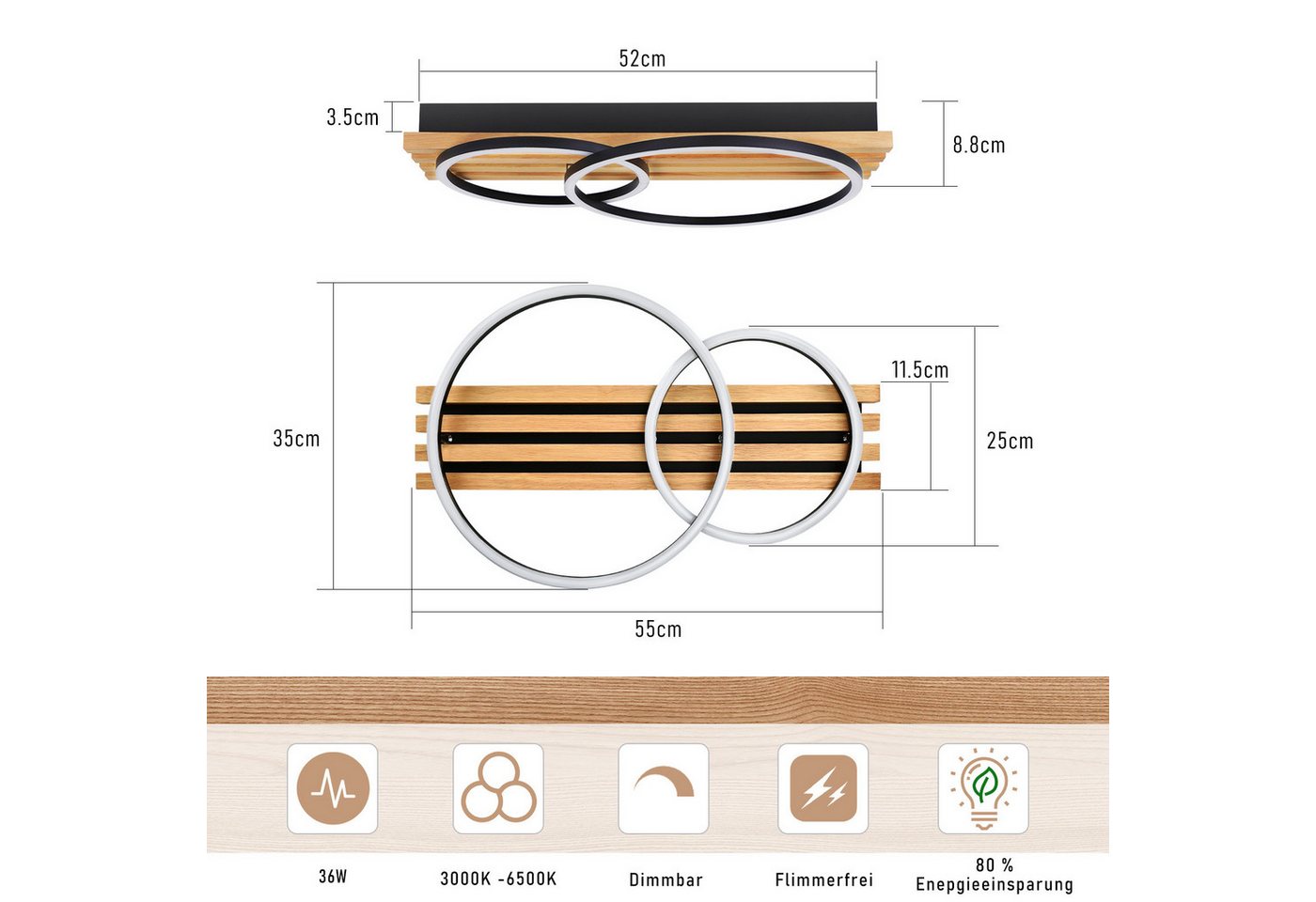 Nettlife LED Deckenleuchte Dimmbar Holz 2/3/4 Ringe Modern Deckenlampe Wohnzimmer, LED fest integriert, 36W 55*35*8.8CM für Schlafzimmer Büro Küche Bild 5