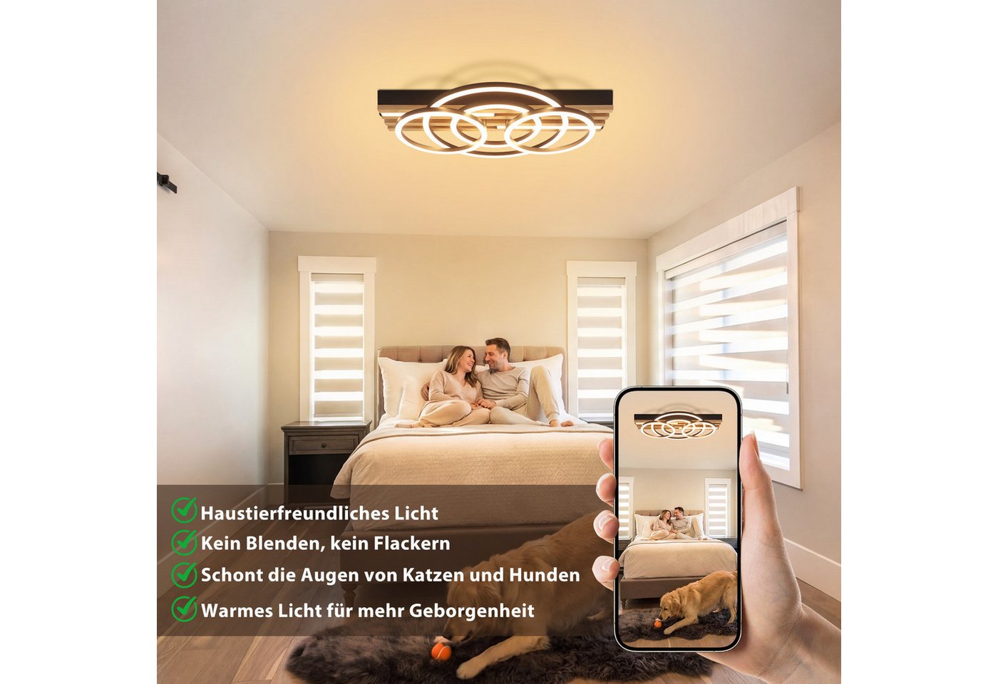 Nettlife LED Deckenleuchte Dimmbar Holz 2/3/4 Ringe Modern Deckenlampe Wohnzimmer, LED fest integriert, 60W 50*32*10.3CM für Schlafzimmer Büro Küche
