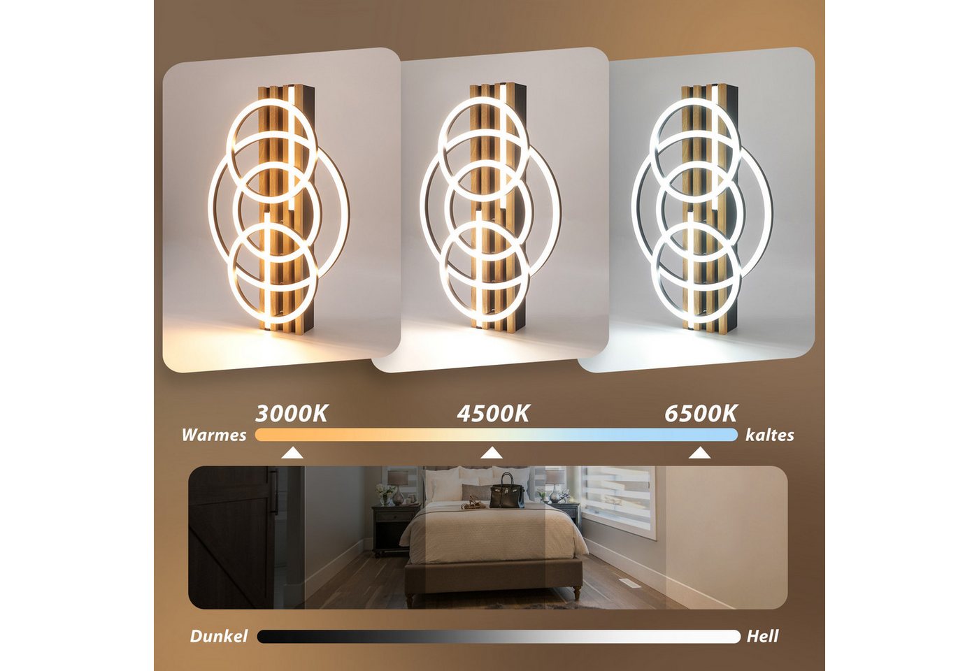 Nettlife LED Deckenleuchte Dimmbar Holz 2/3/4 Ringe Modern Deckenlampe Wohnzimmer, LED fest integriert, 60W 50*32*10.3CM für Schlafzimmer Büro Küche Bild 2