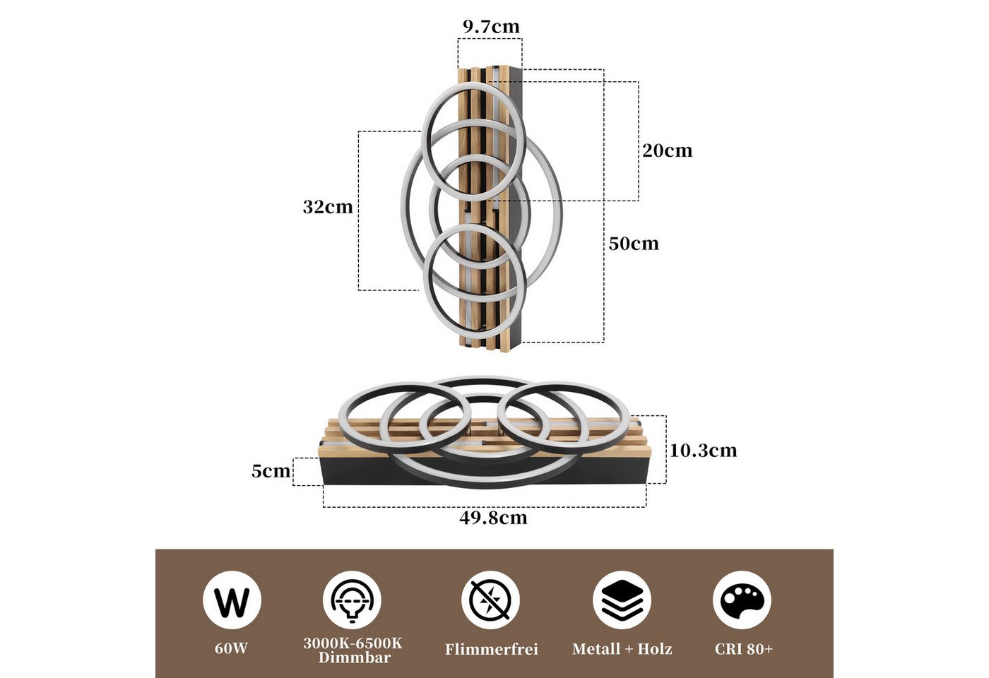 Nettlife LED Deckenleuchte Dimmbar Holz 2/3/4 Ringe Modern Deckenlampe Wohnzimmer, LED fest integriert, 60W 50*32*10.3CM für Schlafzimmer Büro Küche Bild 3