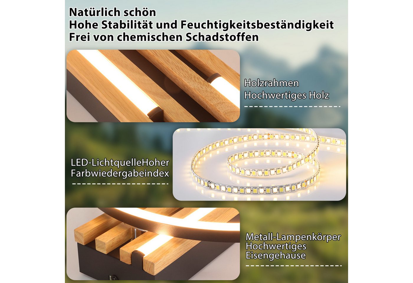Nettlife LED Deckenleuchte Dimmbar Holz 2/3/4 Ringe Modern Deckenlampe Wohnzimmer, LED fest integriert, 60W 50*32*10.3CM für Schlafzimmer Büro Küche Bild 4