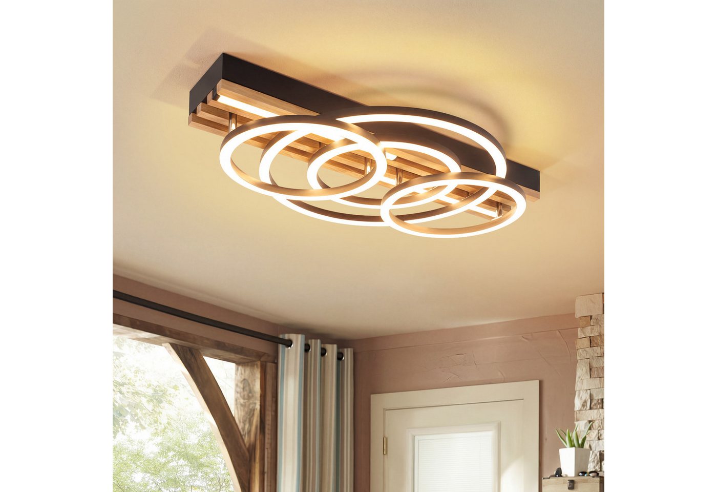 Nettlife LED Deckenleuchte Dimmbar Holz 2/3/4 Ringe Modern Deckenlampe Wohnzimmer, LED fest integriert, 60W 50*32*10.3CM für Schlafzimmer Büro Küche Bild 5