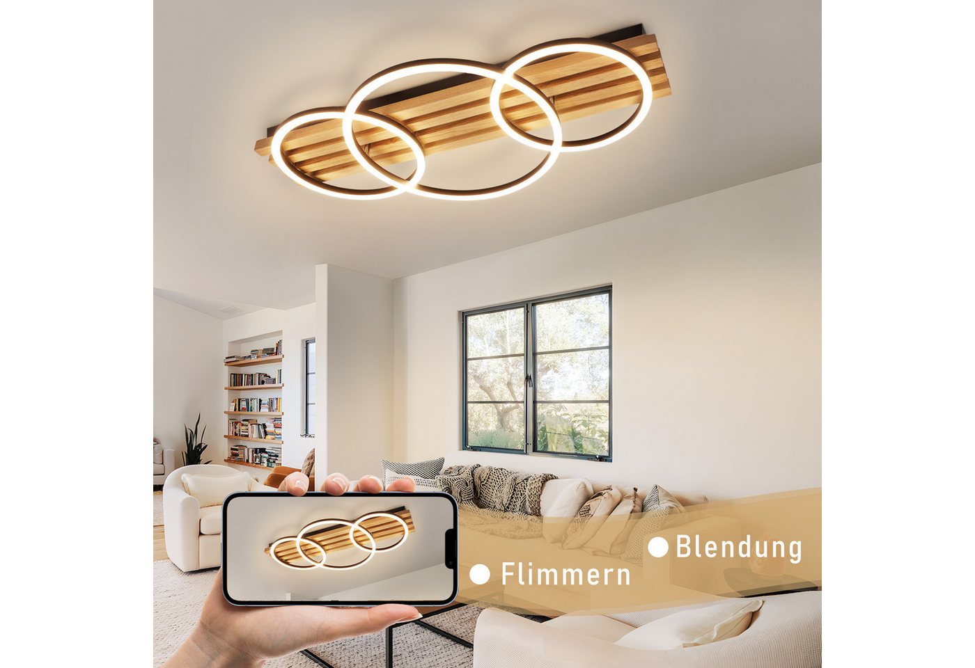 Nettlife LED Deckenleuchte Dimmbar Holz 2/3/4 Ringe Modern Deckenlampe Wohnzimmer, LED fest integriert, 46W 70*35*8.8CM für Schlafzimmer Büro Küche
