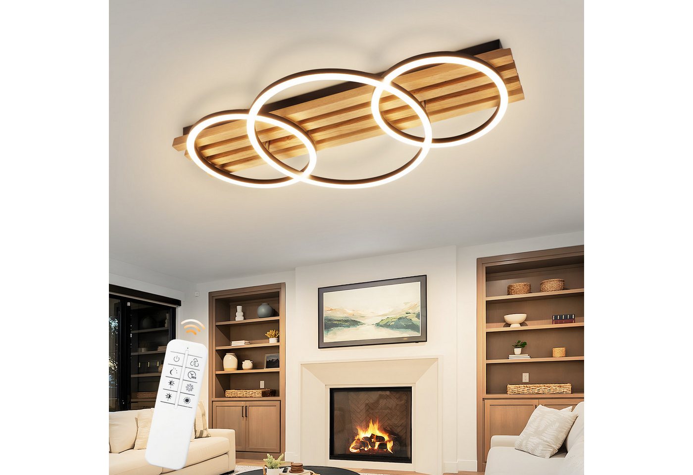 Nettlife LED Deckenleuchte Dimmbar Holz 2/3/4 Ringe Modern Deckenlampe Wohnzimmer, LED fest integriert, 46W 70*35*8.8CM für Schlafzimmer Büro Küche Bild 2