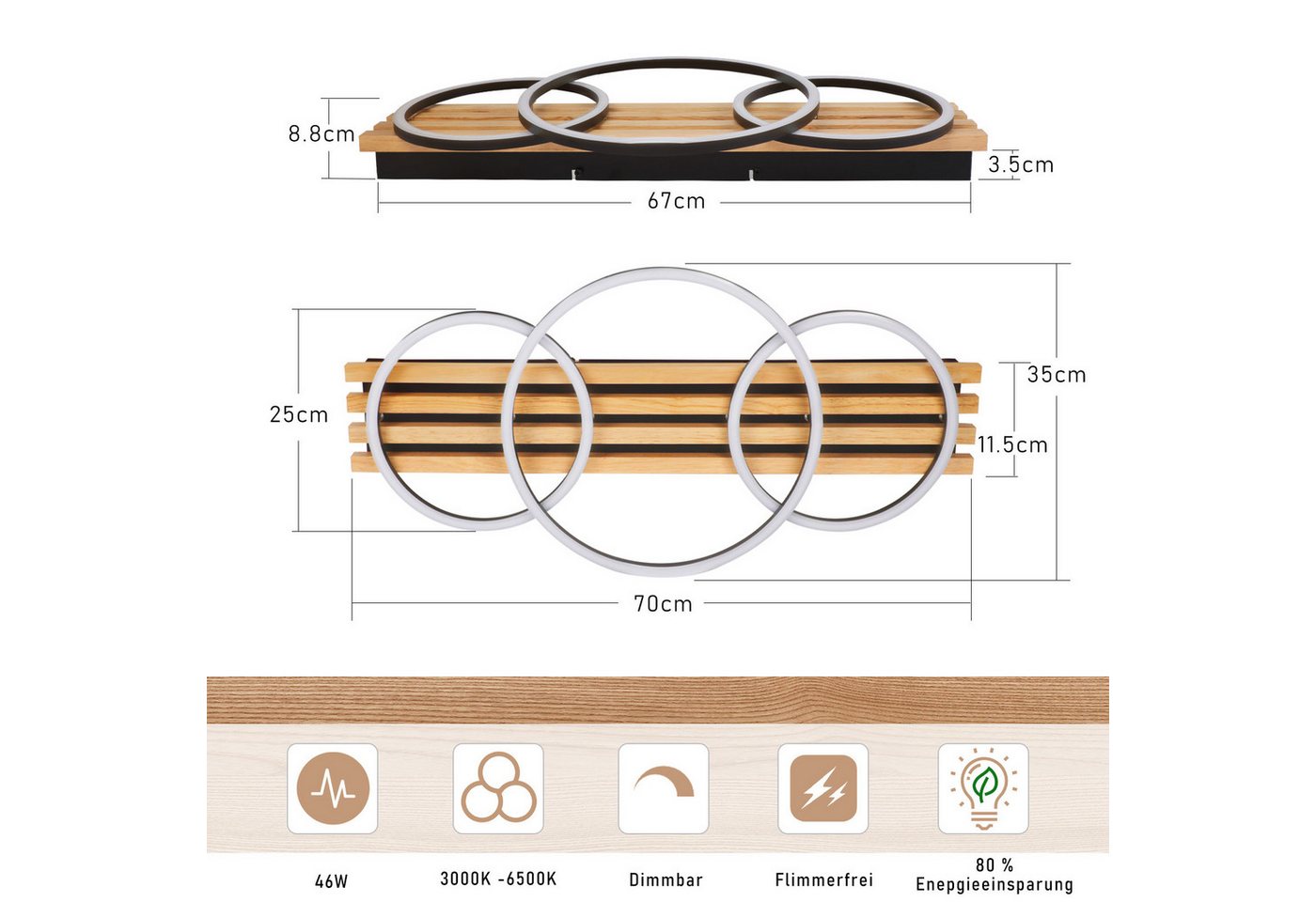 Nettlife LED Deckenleuchte Dimmbar Holz 2/3/4 Ringe Modern Deckenlampe Wohnzimmer, LED fest integriert, 46W 70*35*8.8CM für Schlafzimmer Büro Küche Bild 4