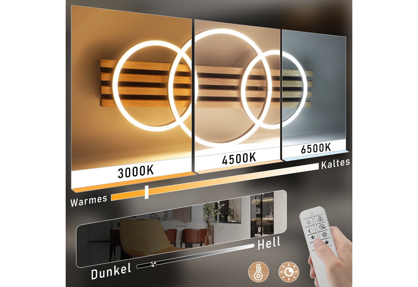 Nettlife LED Deckenleuchte Dimmbar Holz 2/3/4 Ringe Modern Deckenlampe Wohnzimmer, LED fest integriert, 46W 70*35*8.8CM für Schlafzimmer Büro Küche Bild 5