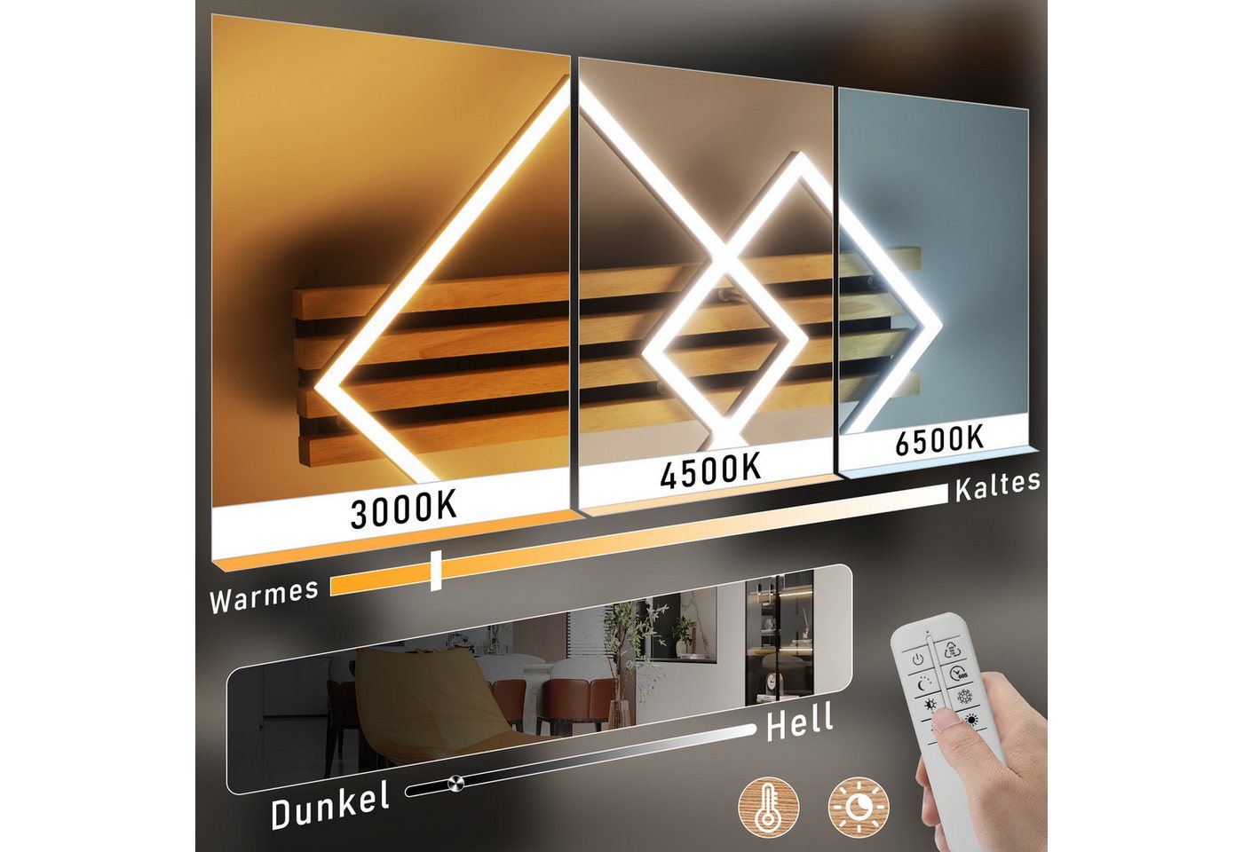 Nettlife LED Deckenleuchte Dimmbar Holz 2/3/4 Ringe Modern Deckenlampe Wohnzimmer, LED fest integriert, 36W 56.6*41.6*8.8CM für Schlafzimmer Büro Küche