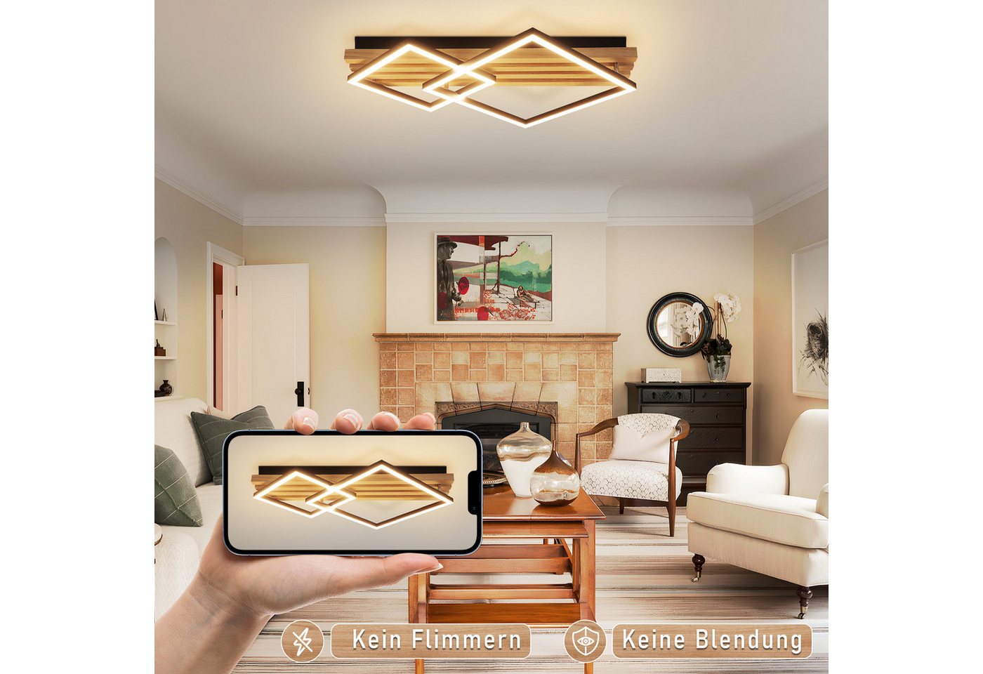 Nettlife LED Deckenleuchte Dimmbar Holz 2/3/4 Ringe Modern Deckenlampe Wohnzimmer, LED fest integriert, 36W 56.6*41.6*8.8CM für Schlafzimmer Büro Küche Bild 3